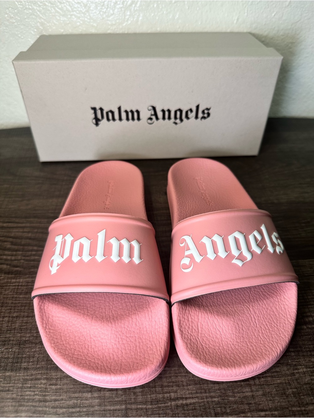 Palm Angels kids Pink Slide Sandals with White Logo